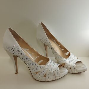 Gianni Bini White Peep-Toe Heels with Rhinestones